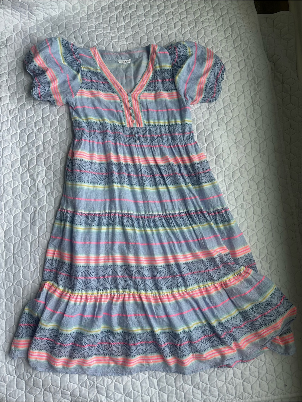 THML Light Blue Striped Dress with Pink and Yellow Accents